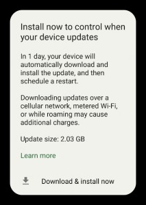 Screenshot of popup: "Install now to control when your device updates"