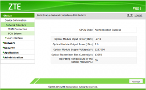 Fiber link information on browser interface of ZTE ZXHN F601 GPON ONT Fiber link information on browser interface of ZTE ZXHN F601 GPON ONT